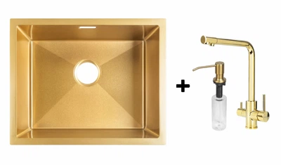 Комплект Gunter&Hauer: Кухонная мойка Ruwer 5522 Gold + Cмеситель PERLE Gold + Дозатор SOAP DISPENSER Gold