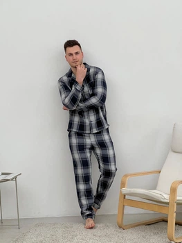 Чоловіча піжама COSY домашній костюм з фланелі (штани+сорочка) 2XL клітинка синьо-сіра (P-F601P)