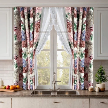 Короткі яскраві квіткові штори Гортензія з тюлем для кухні Adagio Windows Decor для карнизу 1,5-2м, Занавіски - фіранки з підхватами