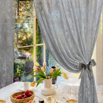 Короткі мереживні штори із сірого гіпюру для кухні Adagio Windows Decor у розмірах 1,5х1,8м -2шт, Занавіски - фіранки для декору вікна з бантиками