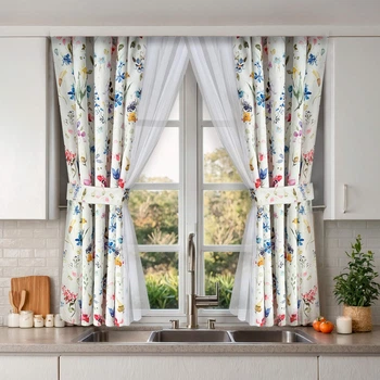 Короткі штори у ніжні польові квіти з білим тюлем для кухні Adagio Windows Decor для карнизу 1,5-2м, Занавіски - фіранки з підхватами