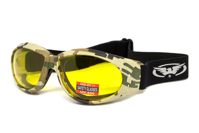 Окуляри захисні з ущільнювачем Global Vision Eliminator Camo Pixel (yellow), жовті в камуфльованій оправі GV-ELIMCD-AM