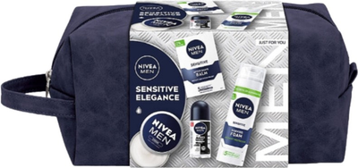 Zestaw kosmetyków do pielęgnacji ciała Nivea Men Sensitive Elegance Antyperspirant roll-on 50 ml + Krem uniwersalny 75 ml + Pianka do golenia 200 ml + Balsam po goleniu 100 ml + Kosmetyczka (9005800383217)