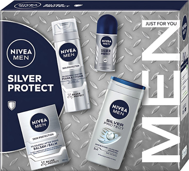 Zestaw kosmetyków do pielęgnacji ciała Nivea Men Silver Protect Pianka do golenia 200 ml + Balsam po goleniu 100 ml + Antyperspirant roll-on 50 ml + Żel pod prysznic 250 ml (9005800382975)