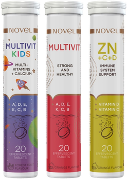 Набор витаминов шипучих Novel Multi-Vitamins + Calcium Multivit Kids 20 таблеток (8586015311659) + Novel Strong and Healthy Multivit 20 таблеток (7649991456057) + Novel Immune System Support Vitamin C + Zinc + D 20 таблеток (8586015311697)