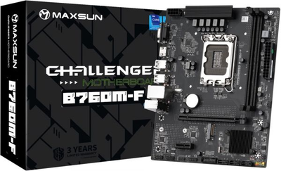 Мат.плата lga1700, Maxsun Challenger b660m-f, b760, 2xDDR4, Int.Video(CPU), 3xSATA3, 1xPCI-E 16x 4.0, 1xPCI-E 1x, 1xM.2 4.0, GbE, 2 vga/hdmi, MicroATX (MS-Challenger b660m-f)