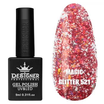 Гель-лак для ногтей Дизайнер Magic Glitter №521 розовый с серебреным глиттером 9 мл