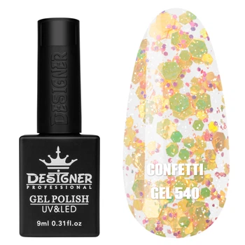 Гель-лак для ногтей Confetti gel Дизайн с блестками-конфетти разного размера , 9 мл Желтый с салатовым и розовым №540