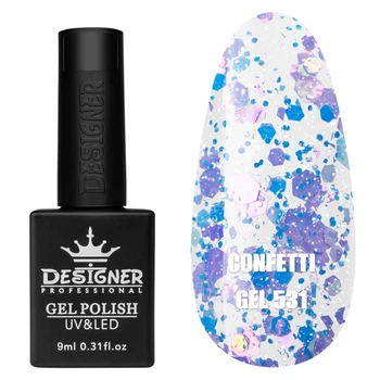 Гель-лак для нігтів Designer Confetti Gel №531 фіолетовий з блакитним конфеті 9 мл