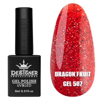 Гель-лак для нігтів Dragon fruit gel Дизайн з дрібною чорно-білою крихтою, 9 мл Червоний №507