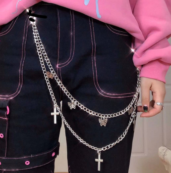 Пояс цепочка Fashion Jewerly обвес-карабин с бабочками и крестами двухслойная украшения для одежды сумки рюкзака в стиле y2k (SVS)