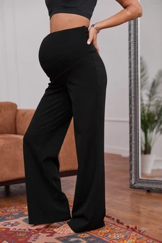 Трендовые теплые брюки для беременных в рубчик Foggia M (44) Lullababe Черный