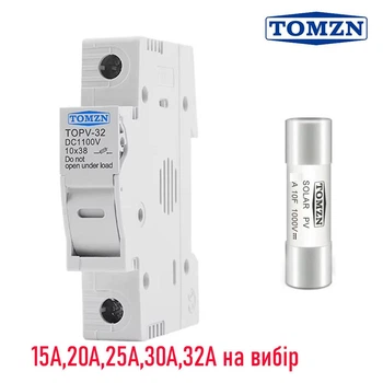 Держатель предохранителей 1P с предохранителем 10х38мм 1100V DC для солнечных панелей (PV систем) TOMZN TOPV-32 (241130172)
