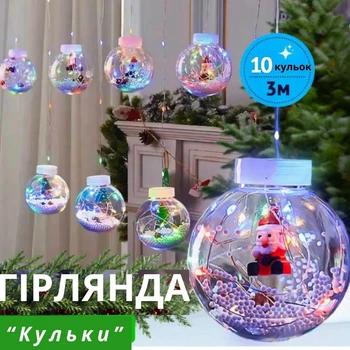 Новогодняя гирлянда-занавес штора "Шары с наполнением Дед Мороз" 3.0м 10 шаров Мультик