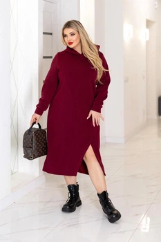 Теплое трикотажное платье миди с капюшоном Fashion 46/48 бордовый