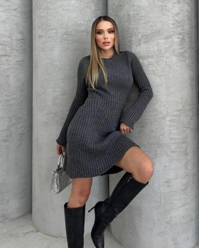 Женское трикотажное платье с длинными рукавами рубчик графит One size (XS, S, М) VIGGI 02004-В