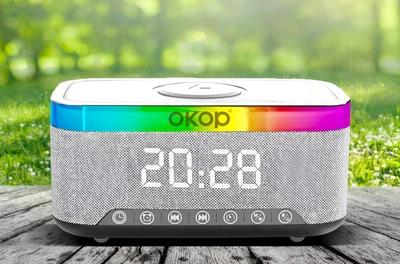 Часы электронные настольные OKOP с беспроводной зарядкой 15W, радио , LED подсветкой, будильник, колонкой на аккумуляторе для iPhone, Android 6 в 1 Бело-Серый