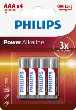 Батарейка Philips Power Alkaline AAA лужна блістер, 4 шт (LR03P4B/10)