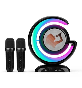 Портативная Bluetooth колонка с RGB-подсветкой аккумуляторная с функцией караоке и двумя микрофонами Черный