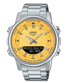 Мужские часы CASIO AMW-880D-9AVDF в серебристом исполнении с желтым циферблатом.