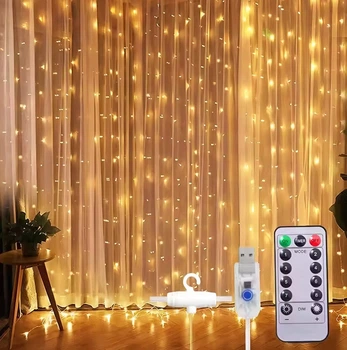 Гирлянда Штора “Капля Росы” 3х3м 300LED теплый белый, USB + пульт управления + крючки