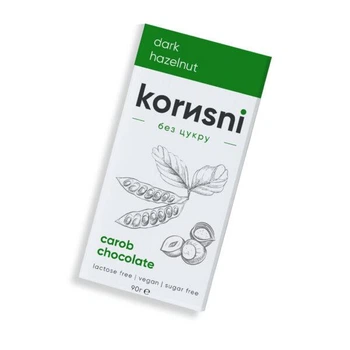 Чорний шоколад на керобі "Фундук" без цукру, Korusni, 90 г