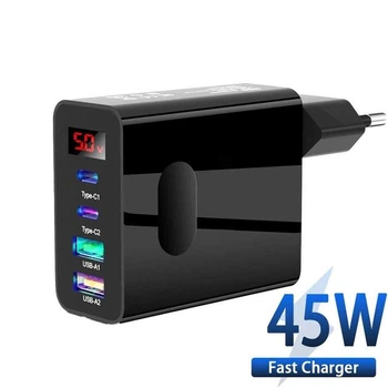 Блок питания адаптер для быстрой зарядки на 4 порта 45W USB Type-C Быстрая зарядка для телефона Samsung/iPhone/iPad Black (50168)