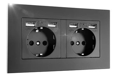 Розетка європейська подвійна з чотирма USB портами для заряджання BRS чорний матовий колір