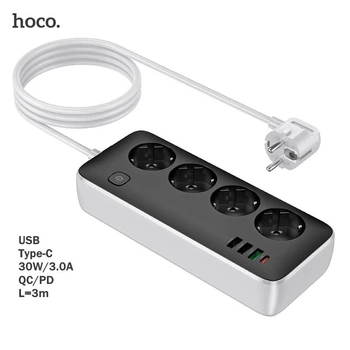 Подовжувач Hoco AC22 Sunlight (4 розетки, USB - 3 шт., Type-C, 2500 Вт, 30W/3A, PD/QC, 3 метри, європейська вилка, швидка зарядка, захист від перевантаження/короткого замикання) - Чорний