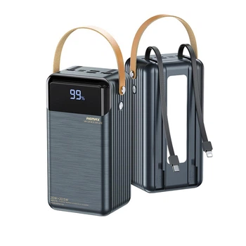 Павербанк Remax 60000 mAh 22.5W 5A Павербанк Remax RPP-565 Lesu II Series зі швидкою зарядкою PD/QC, Портативний зовнішній акумулятор, порти 2USB/Type-C/Lightning, LED-дисплей, вбудовані кабелі Type-C/Lightning Чорний