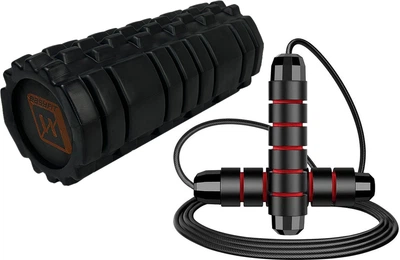 Набор Массажный ролик-валик для МФР и йоги EasyFit Solid Roller v.1.1s 33 см роллер-массажер для спины, ног, рук и шеи EF-2050-BK Черный (56002951) + Скакалка скоростная EasyFit EF-1912 260 см Черная (56003343)