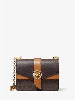Жіноча сумка Michael Kors Greenwich Small Color-Block Logo and Saffiano Leather Crossbody Bag (коричнева лого)