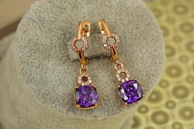 Сережки підвіски Xuping Jewelry куплет із фіолетовим каменем 3 см золотисті
