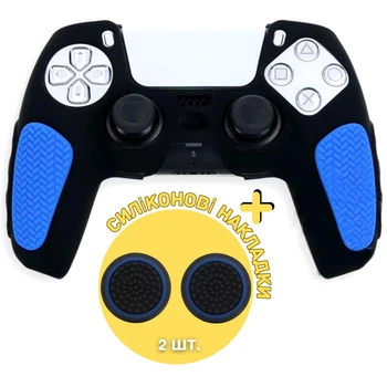 Качественный защитный силиконовый чехол Rubber Protective (Black/Blue) для геймпада DualSense Sony PlayStation 5 (PS5) + накладки на стики [455862839]