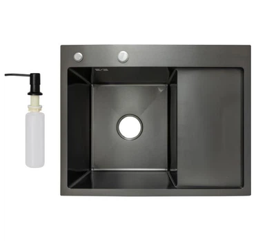 Мийка для кухні з крилом інтегрована права Lidz Handmade H6350BR (LDH6350BRPVD45590) Brushed Black PVD 3,0/1,0 мм