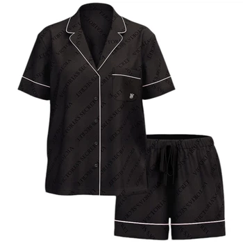 Сатиновая пижама Victoria's Secret Satin Short Pajama Set Black Logo S Черная