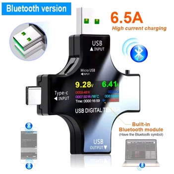 USB-C тестер ємності цифровий з Bluetooth Вольтметр / Амперметр / 6,5А / QC3.0 / 32V / 99999mAh / USB 3.1 / LED-дисплей