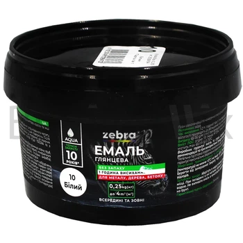 Емаль акрилова для дерева, металу та бетону ZEBRA 0,25 кг RAL 9003 10 біла глянцева