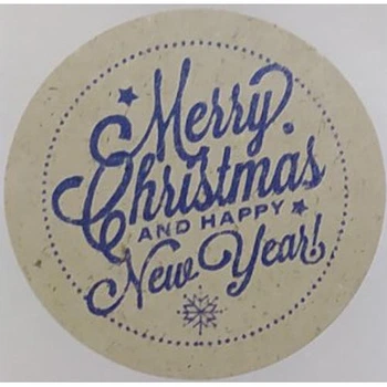 Етикетка крафт\синя кругла "Merry Christmas And Happy New Year". Упаковка 50 шт., діаметр 50мм Упаковочка # 3785
