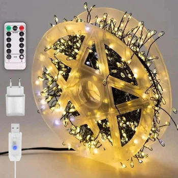Светодиодная гирлянда мишура "Роса", 10м, с пультом, 300 LED, от USB и сети 220V, 8 режимов, Теплый белый
