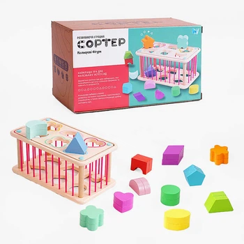 Логічна гра C 60434 "WToys", 2 геометричних сортери, стінки з резинок, 12 дерев’яних фігурок, в коробці