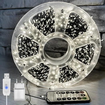 Светодиодная гирлянда мишура "Роса", 10м, с пультом, 300 LED, от USB и сети 220V, 8 режимов, Белый