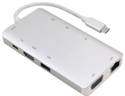 Док-станція Helos USB 3.1 Type-C St./DP/HDMI/VGA/USB/LAN/Audio/SD, Premium Silver (4005938042654)