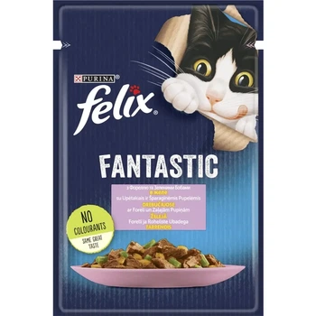 Вологий корм FELIX Fantastic для дорослих котів кусочки в желе з форель та зеленими бобами 85 г