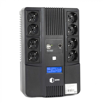 Джерело безперебійного живлення QUBE UPS) лінійно - інтерактивний AIO 1050, 1050VA/600W, LCD, 8 x Schuko, RJ-45, USB (QBAIO1050)