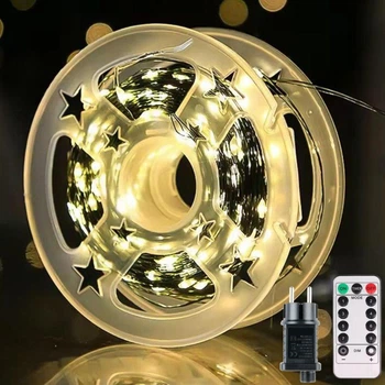 Світлодіодна гірлянда нитка "Роса" 50м з пультом, 500LED, 220В (адаптер 12В), зелений провід, Теплий білий