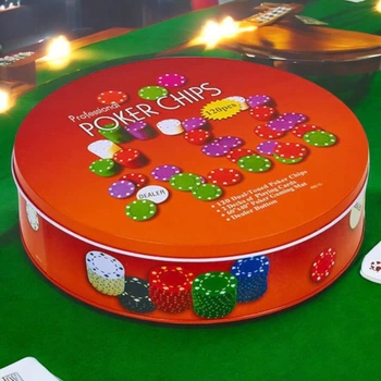 Игровой набор Покер на 120 фишек с номиналом в круглой металлической коробке Poker Chips