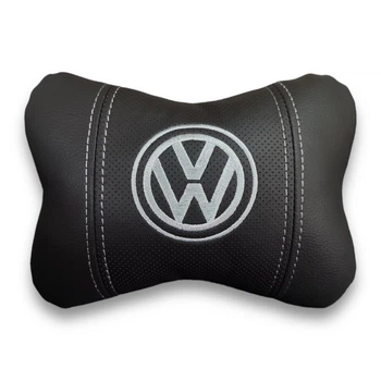 Подушка автомобільна під шию АвтоХоп на підголівник із сірим логотипом Volkswagen