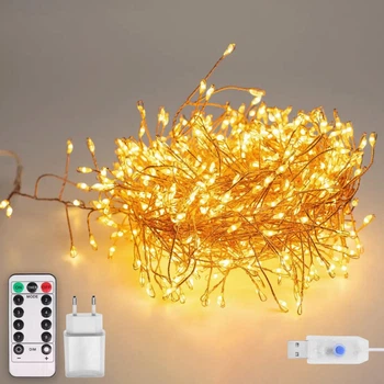 Светодиодная гирлянда роса "Фейерверк" 10м, от USB и сети 220V, с пультом, 500 LED, 8 режимов, IP44, Теплый белый
