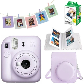 Набір камера Fujifilm Instax Mini 12, Фотопапір 20шт, Чохол, Фотоальбом 64 фото, Набір фоторамок (10 шт) з прищепками Фіолетовий (Подарункове пакування)